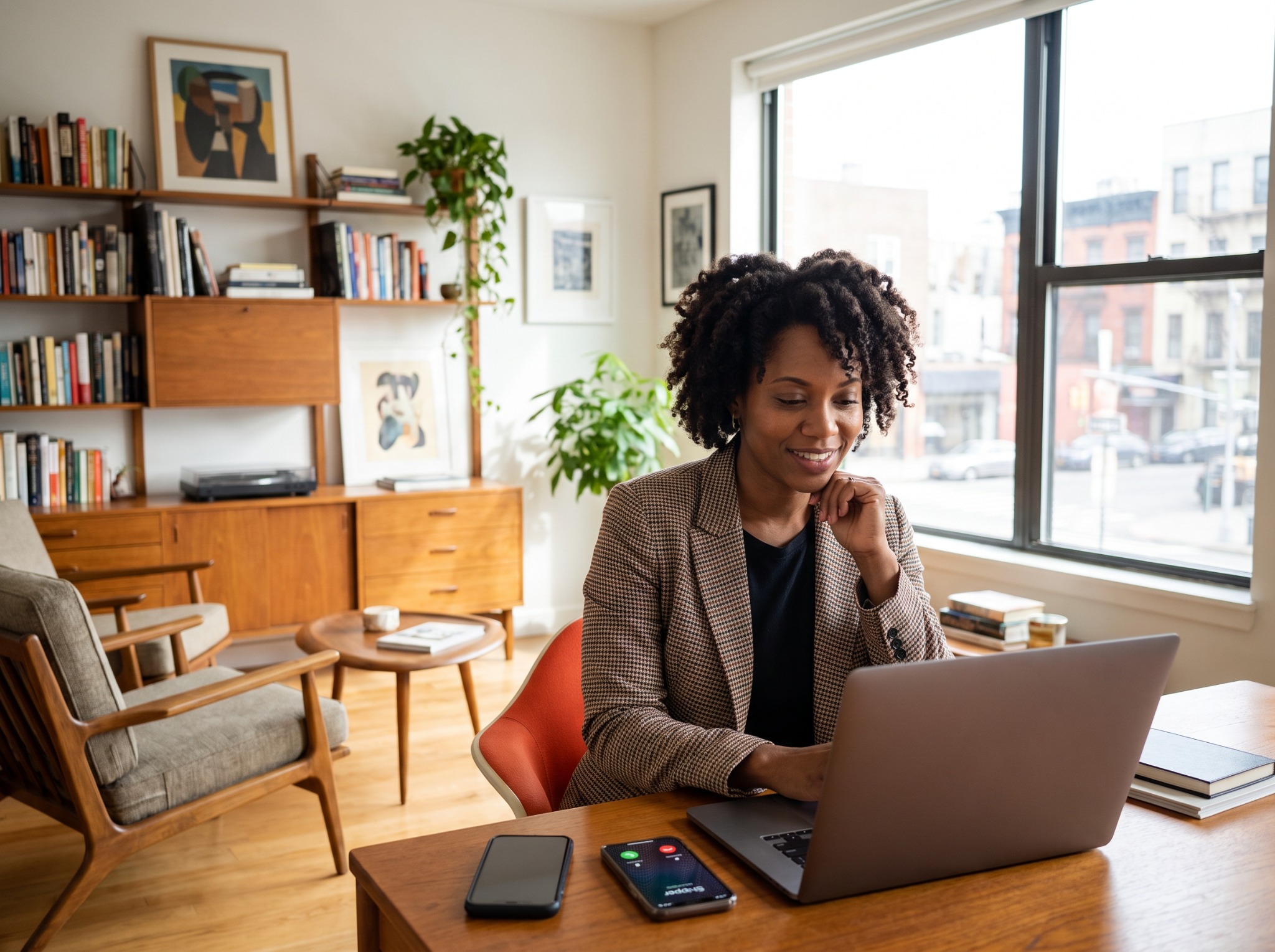 Freight agent working on a laptop in a bright home office