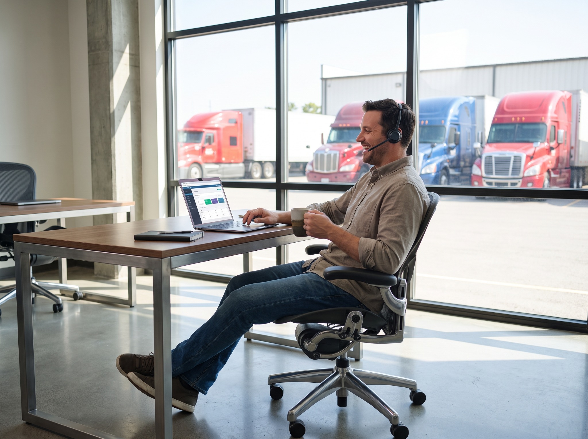 Freight professional working at a laptop beside a trucking terminal