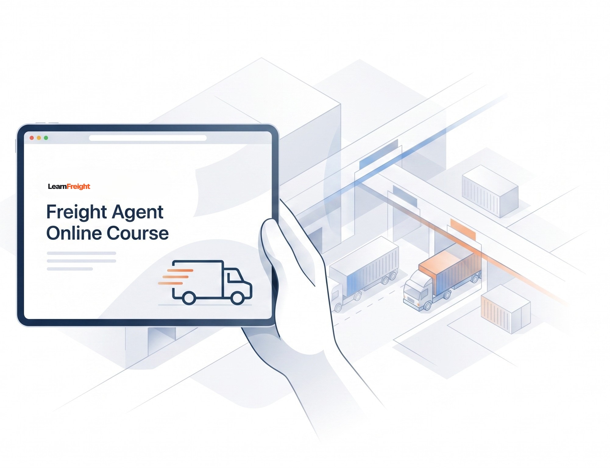 LearnFreight Freight Agent Online Course with an illustrated freight terminal